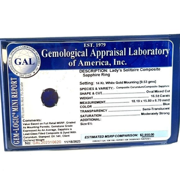 Natural Solitaire Sapphire Ring 6.5 14k W Gold 16.5 TCW Certified $2,950 310620 - Picture 11 of 11